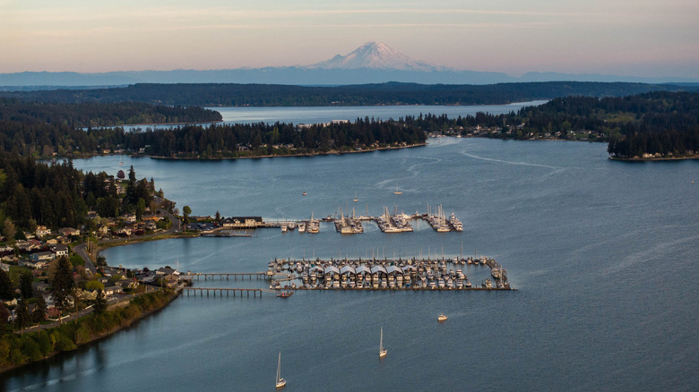Aerial landscape of Poulsbo, Kitsap Peninsula, Mount Olympus