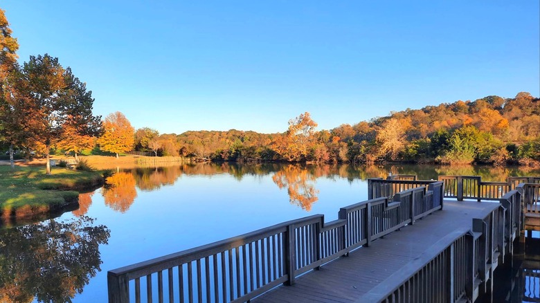 A dock on a lake and autumnal foliage in Anchor Park, Tennessee