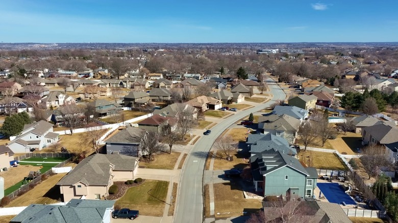An aerial view of houses on a street in La Vista, Nebraska.