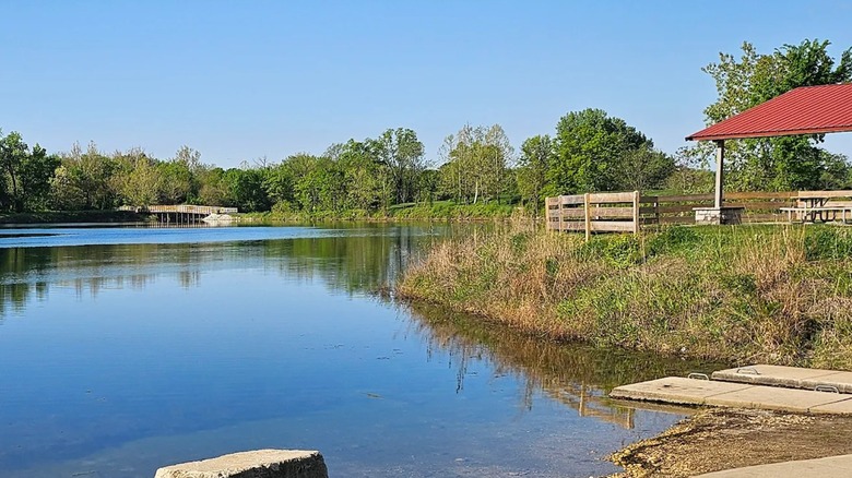 A paved path loops the lake at Chaminwood Preserve in Illinois