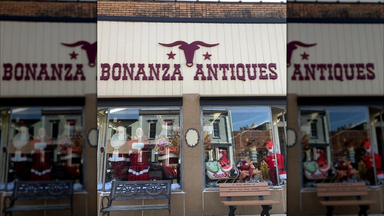 The storefront of Bonanza Antiques, showing the store name and logo