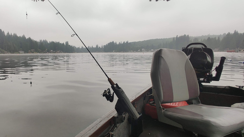 Boat with fishing pole above Lake Roesiger gray day