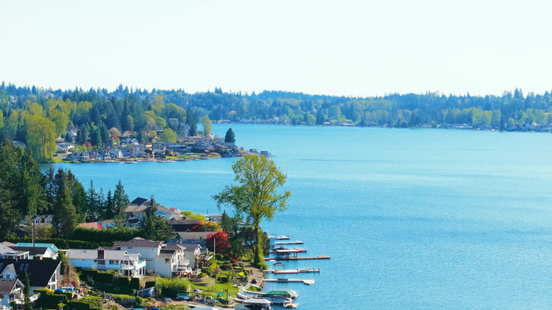 Aerial view of Lake Stevens, with homes on the shore