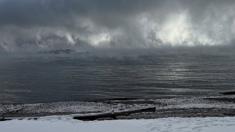 Knife Island as seen through sea smoke from the Lake Superior Minnesota shoreline