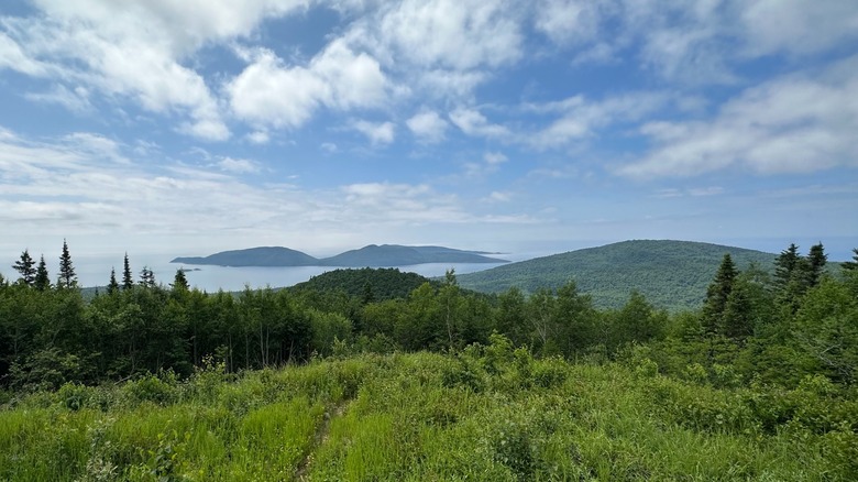 Views from the top of a tall green hill on a sunny summer day, with rolling forests, Lake Superior, and Pic Islands below