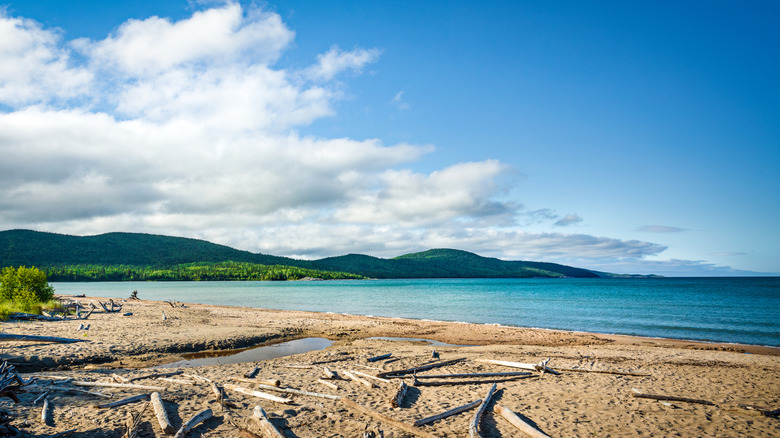 The sandy beach at Neys with drift wood, turquoise water, and deep-green hills in the distance