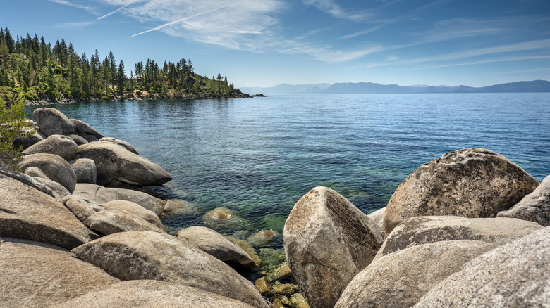 Lake Tahoe scene with blue waters and mountain views