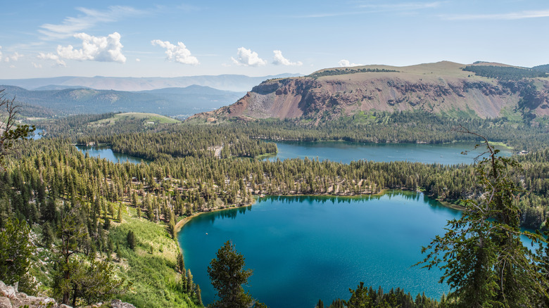 Pines surround Lake Mary, Lake Mamie, and Lake George near Mammoth Lakes, California.