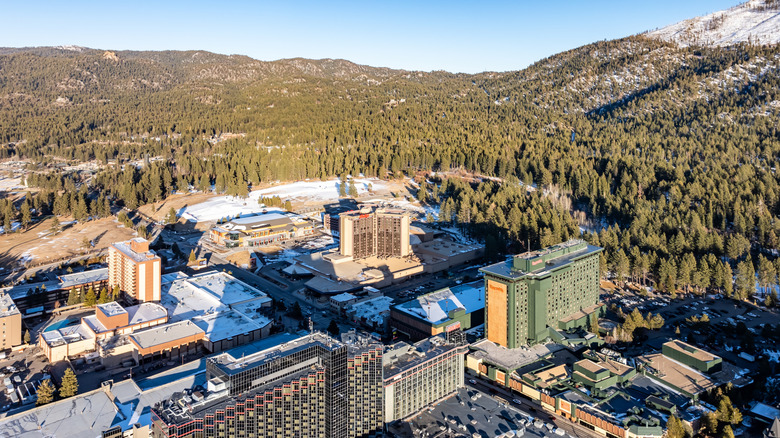 Aerial view of South Lake Tahoe buildings and mountains