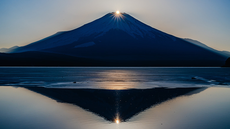 Double Diamond Fuji phenomenon at Lake Yamanaka, Japan.