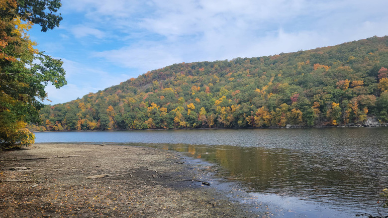 Lake Zoar from Paugussett State Forest in the fall with a blue sky