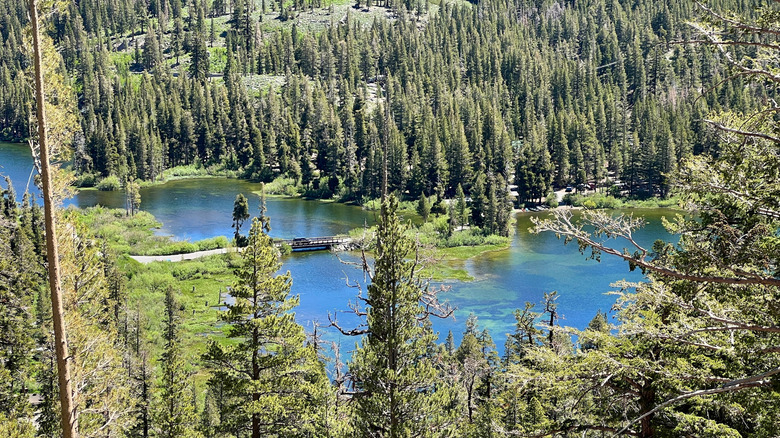 A road passes over the Twin Lakes of Mammoth