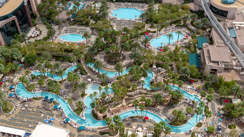 A drone view of the massive pool complex at MGM Grand in Las Vegas