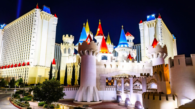 Colorful castle of Excalibur Hotel and Casino illuminated at night in Las Vegas, Nevada
