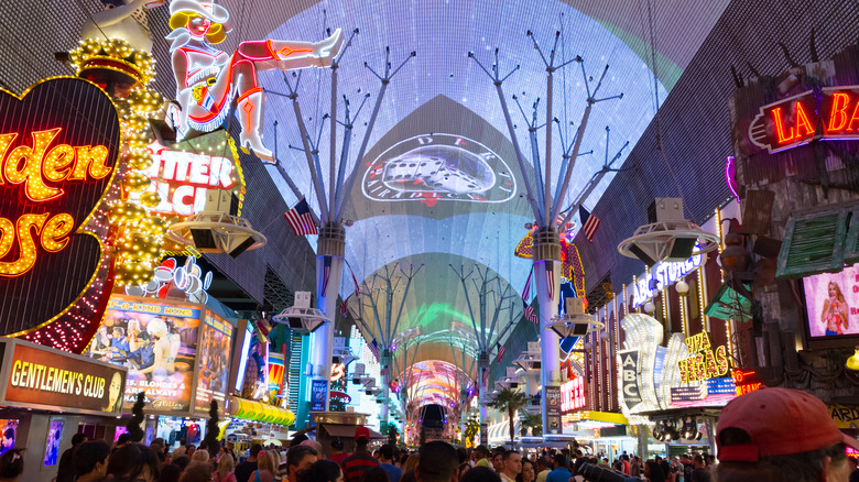 The lights, signs, and canopy of the Fremont Street Experience in Las Vegas