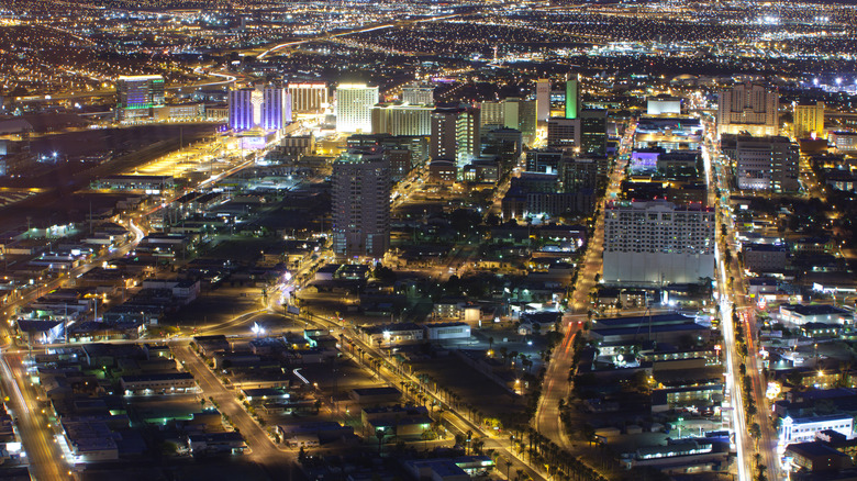 Aerial of Downtown Las Vegas and Fremont Street