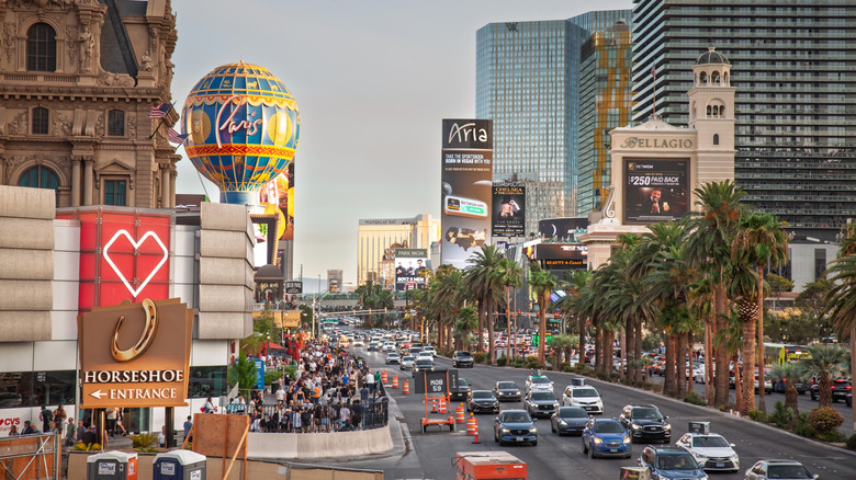 Cars driving on the southern end of the Las Vegas Strip