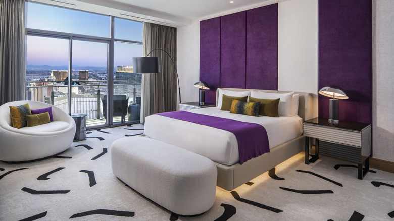 Interior view of the king bedroom of a Chelsea Penthouse, exclusive suites in The Cosmopolitan of Las Vegas, a resort on the Strip in Nevada, USA.