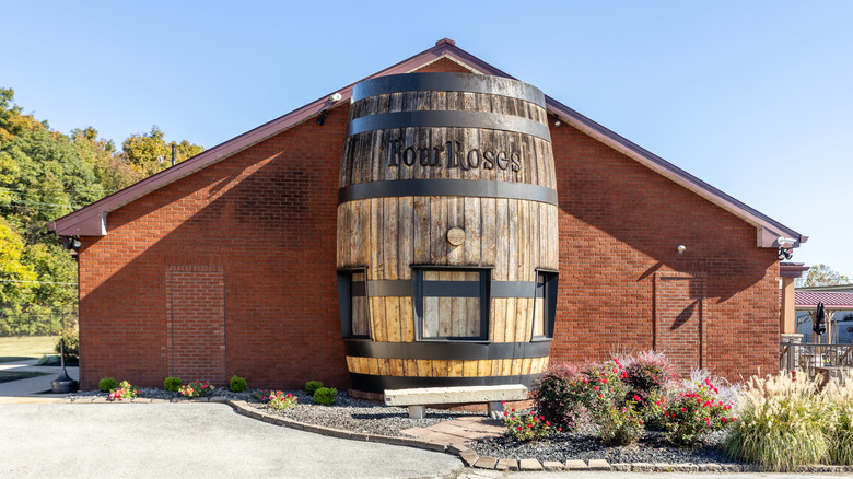 Four Roses Distillery in Lawrenceburg, Kentucky, with a decorative bourbon barrel