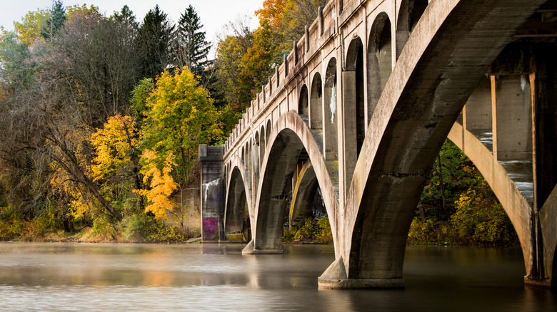 A view looking up at West Shore Drive bridge during fall with a focus on its touwering arches.