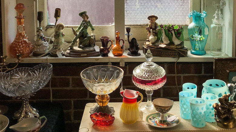 Vintage glassware in an antiques shop