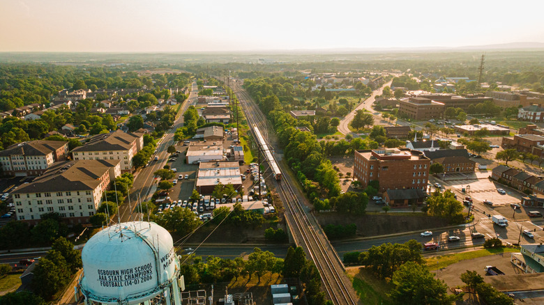 Arial photo of Manassas near sunset with town buildings