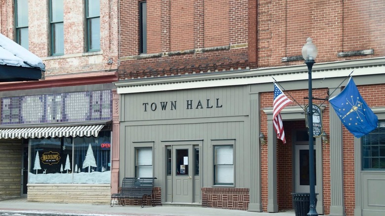 Town hall and brick buildings in downtown Pendleton, IN.