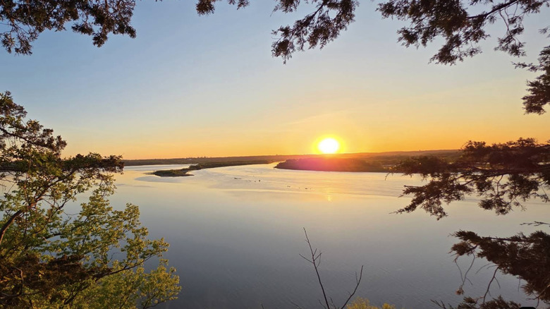 A sunset view of Spring Lake and surrounding trees