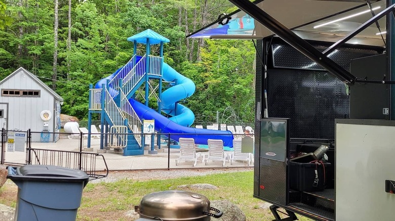 A trailer and waterslides at a campground in Hancock, New Hampshire
