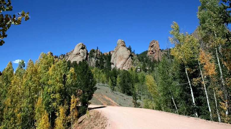 Rock formations and trees on the unpaved Old Stage Road near Colorado Springs
