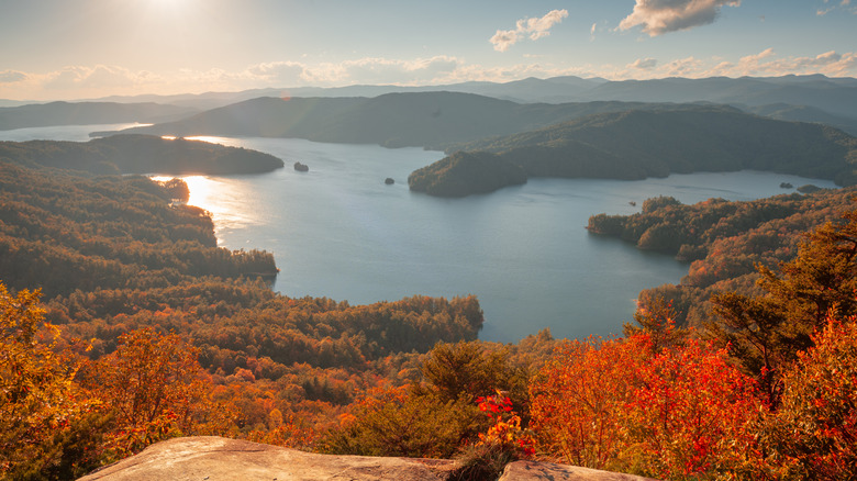Lake Jocassee in South Carolina, surrounded by fiery fall foliage