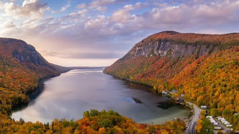 Like Willoughby, Vermont, surrounded by mountainside fall foliage