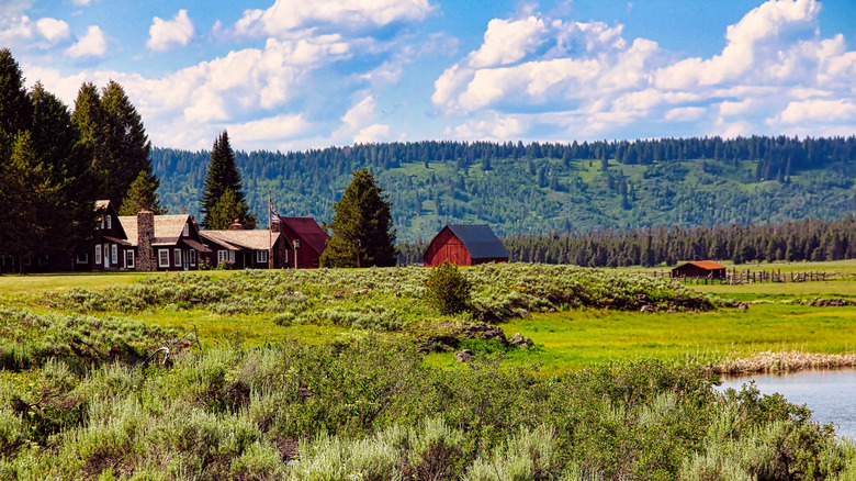 Original railroad ranches against the verdant fields at Harriman State Park Idaho