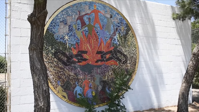 Mosaic of fire and chains in the Levelland Community Center in Texas