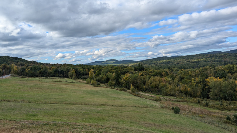 Sloping fields, hilly forest, and a cloudy sky at Sokokis Lookout near Limerick, Maine