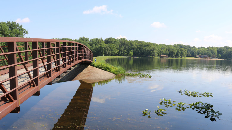 Bridge with view of Lake Lincoln at Lincoln State Park, Indiana