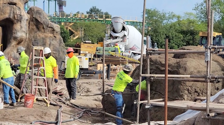 Construction workers on the site of Busch Gardens Tampa's Lion & Hyena Ridge expansion habitat