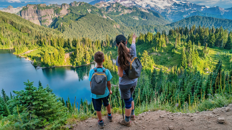 Family hiking in national park