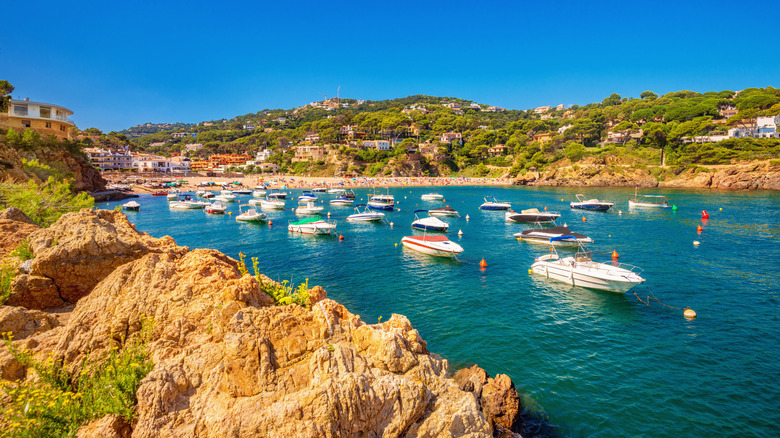 Boats anchored in a rocky beach cove.
