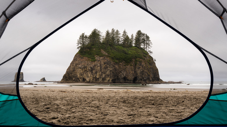 view of rocks on Oregon coast through a tent opening