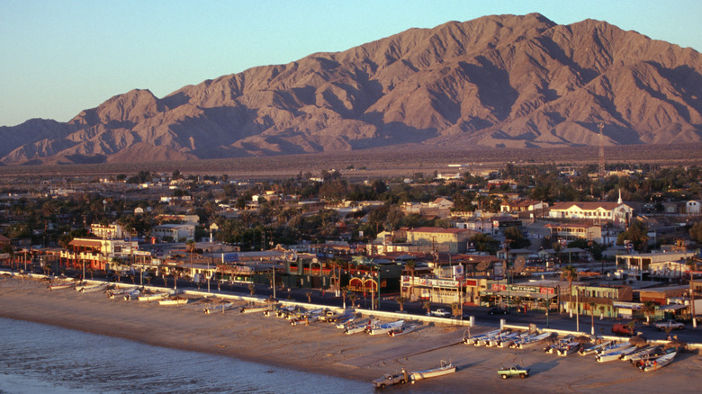 View of San Felipe beach with mountains behind.