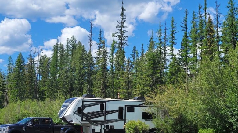 A truck towing an RV trailer at Logan State Park