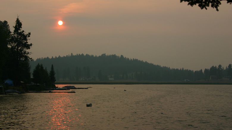 Loon Lake, Washington, during sunset, with dense forests in the distance