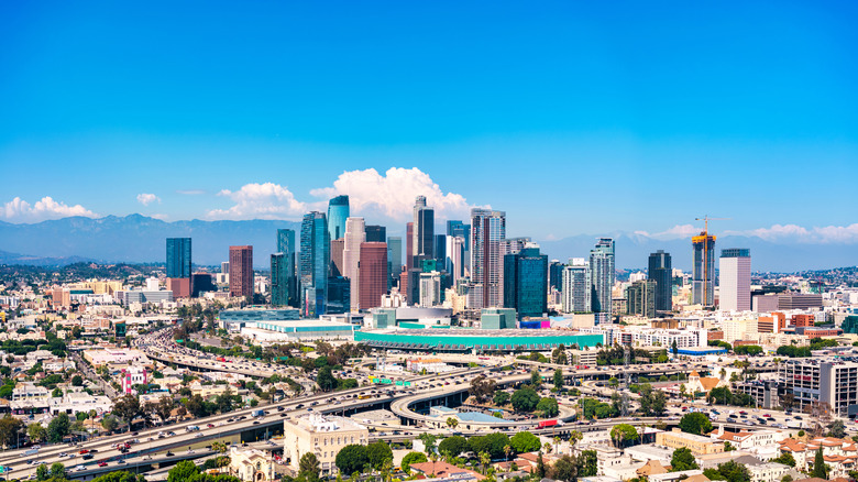 Wide angle view of Los Angeles skyline
