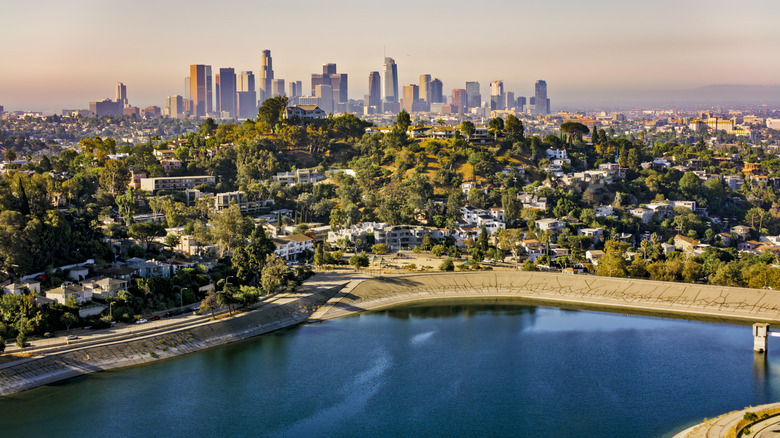 Silver Lake reservoir with LA skyline in background