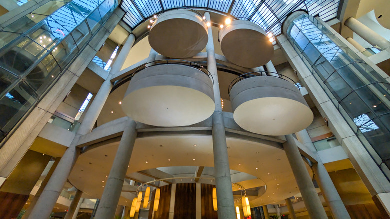 The Westin Bonaventure Hotel's unique atrium with curved architecture and unique glass elevator pods