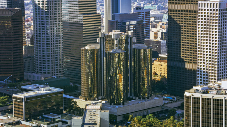 The Westin Bonaventure Hotel and its unique architecture situated amongst other buildings in downtown LA
