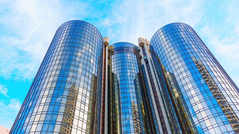The unique cylindrical towers of the Westin Bonaventure Hotel allow for floor-to-ceiling views from the hotel rooms