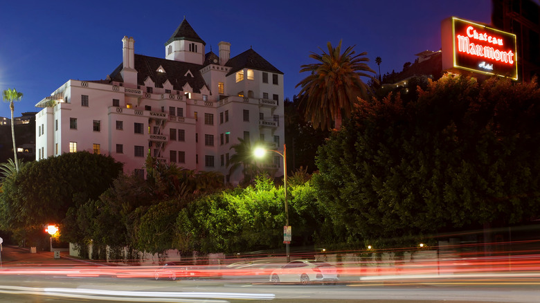 A foreboding nighttime view of Chateau Marmont
