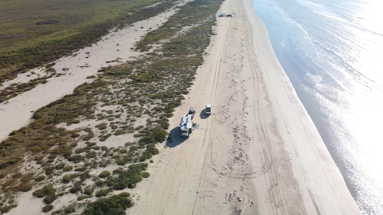 aerial view of an RV parked on Rutherford Beach, Louisiana